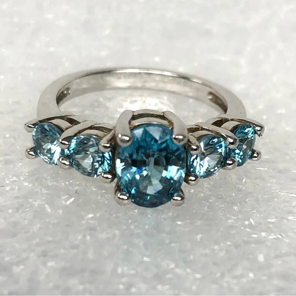 Blue Topaz Ring Size 6 Five Stone Rhodium Over Sterling Silver